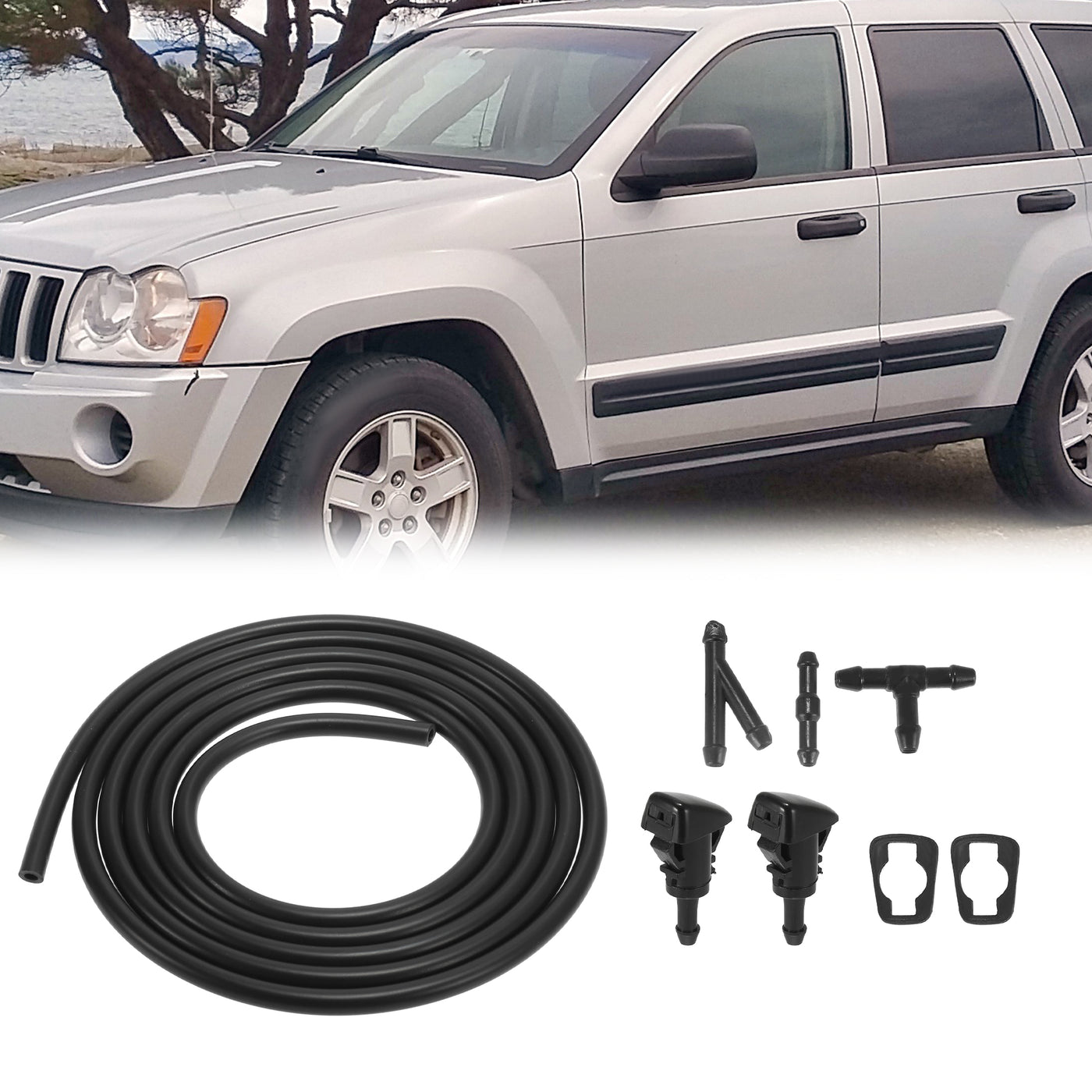 X AUTOHAUX Front Windshield Washer Nozzles Kit for Jeep Grand Cherokee 2.2 Meters Windshield Washer Hose with 3pcs Connectors Replaces 5116079AA