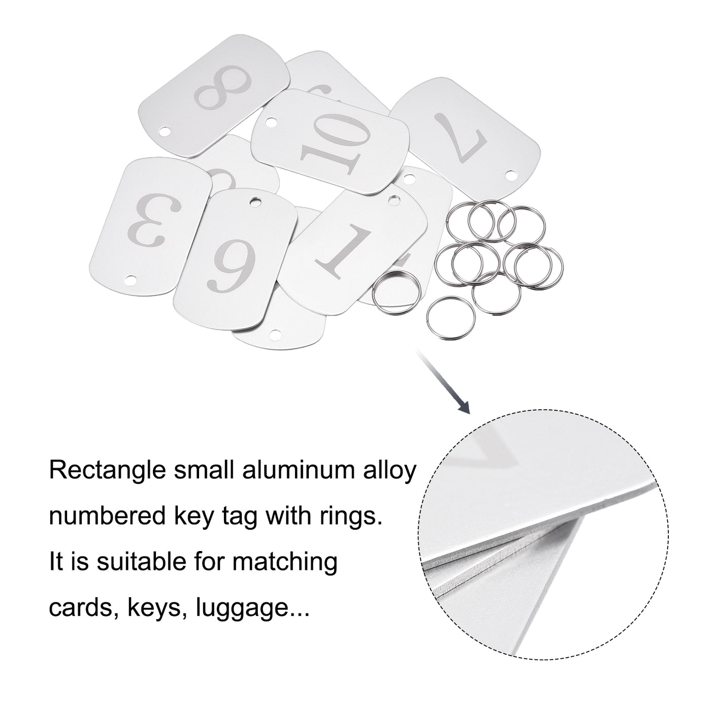 Harfington Metal Key Tag, 1-10 Number Tag, ID Tag with Ring 2x1.2inch Silver Rectangle Blank for Decoration, Pack of 10