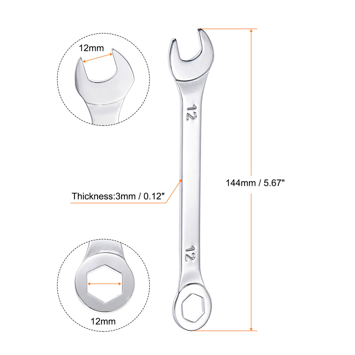 uxcell Uxcell Thin 6-Point Combination Wrench, Metric High Carbon Steel