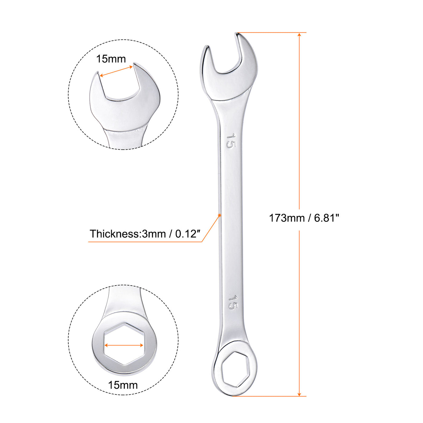 uxcell Uxcell Thin 6-Point Combination Wrench, Metric High Carbon Steel