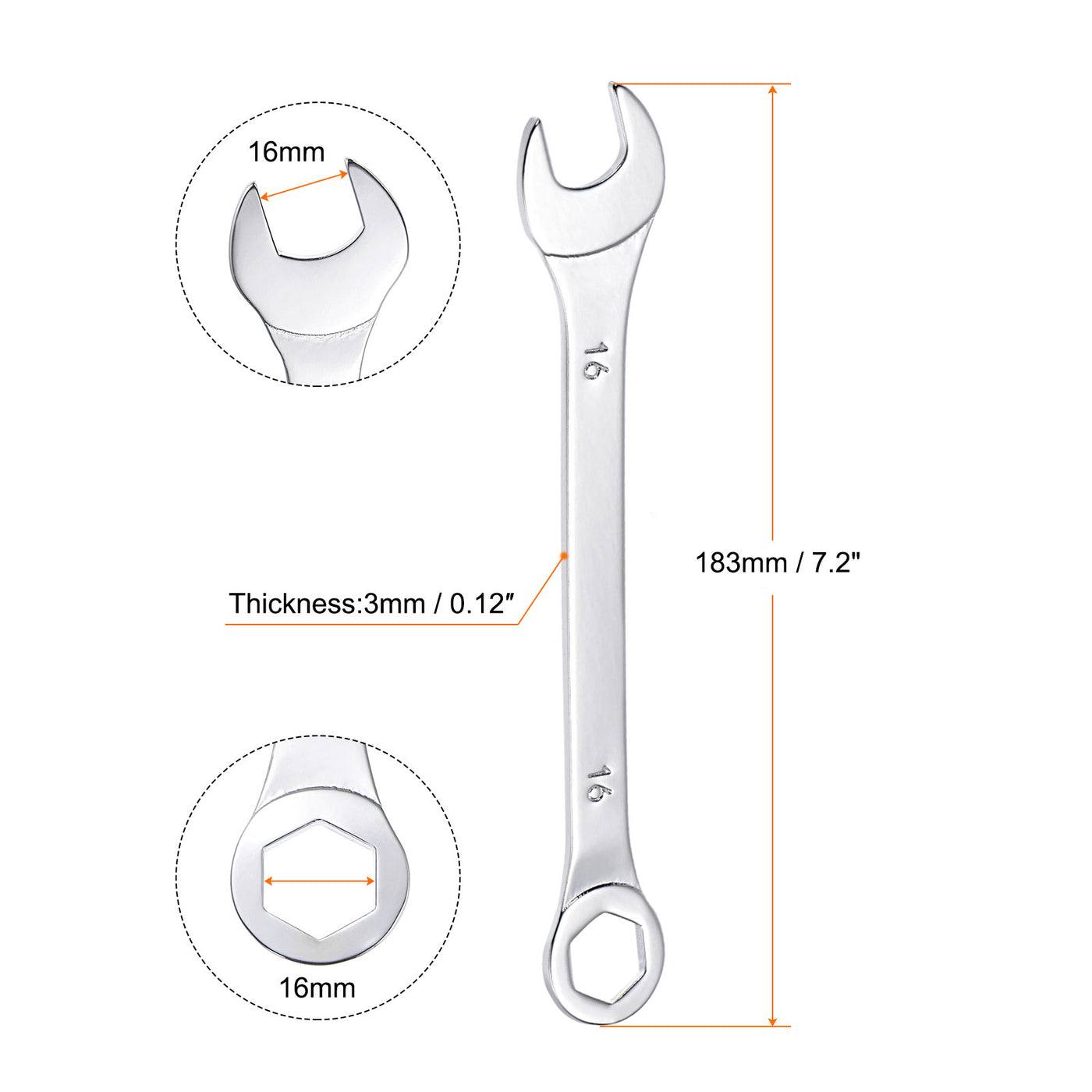 uxcell Uxcell Thin 6-Point Combination Wrench, Metric High Carbon Steel