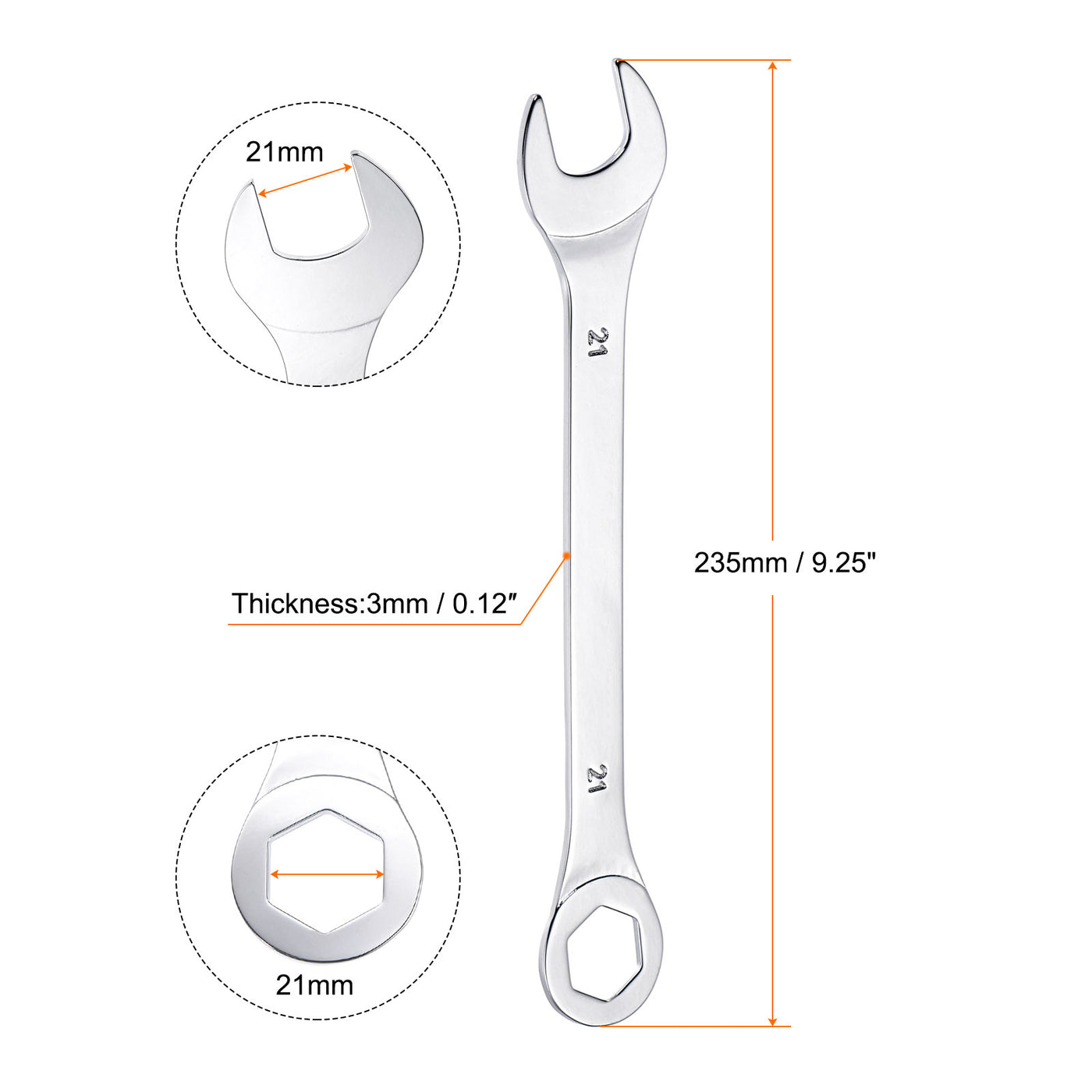 uxcell Uxcell Thin 6-Point Combination Wrench, Metric High Carbon Steel