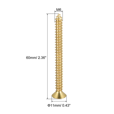 Harfington Uxcell Brass Wood Screws, M6x60mm Phillips Flat Head Self Tapping Connector for Door Hinges, Wooden Furniture, Home Appliances 6Pcs