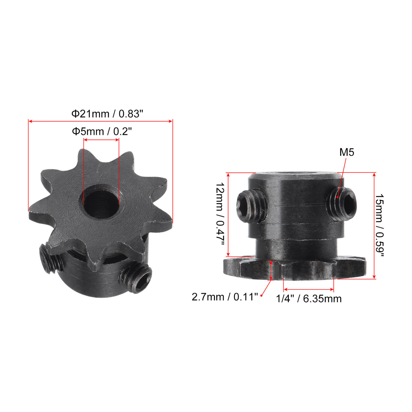 uxcell Uxcell 9 Teeth Sprocket 1/4" Pitch, 5mm Bore Carbon Steel with Set Screws