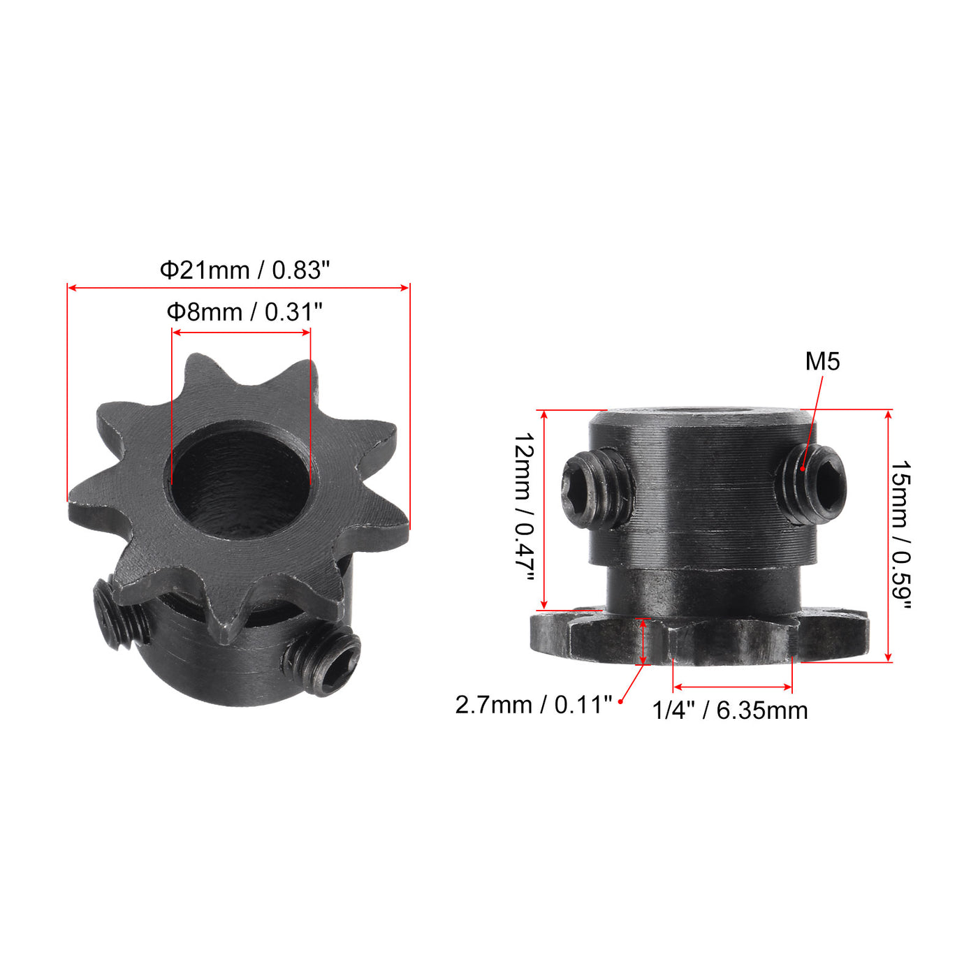 uxcell Uxcell 9 Teeth Sprocket 1/4" Pitch, 8mm Bore Carbon Steel with Set Screws