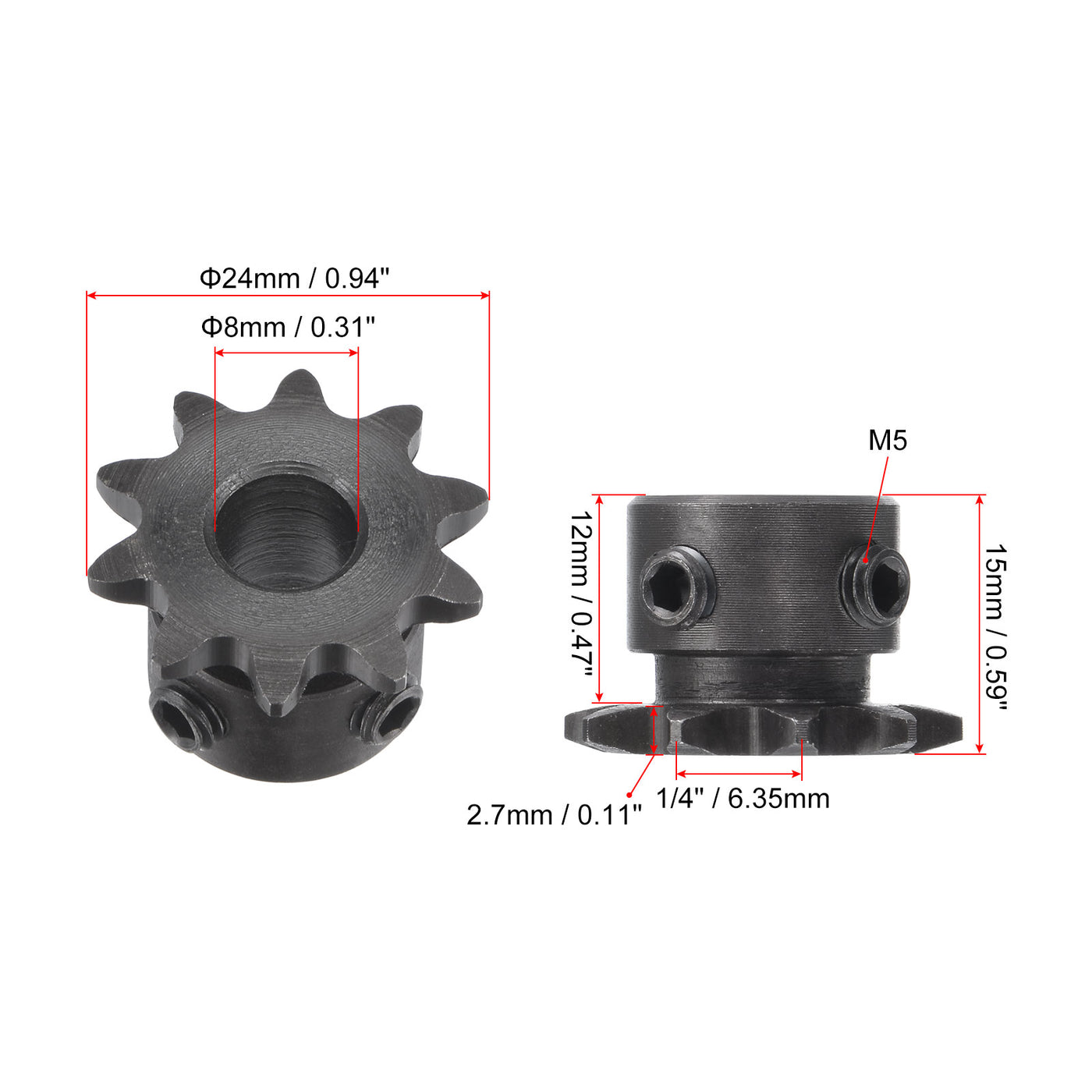 uxcell Uxcell 10 Teeth Sprocket 1/4" Pitch, 8mm Bore Carbon Steel with Set Screws