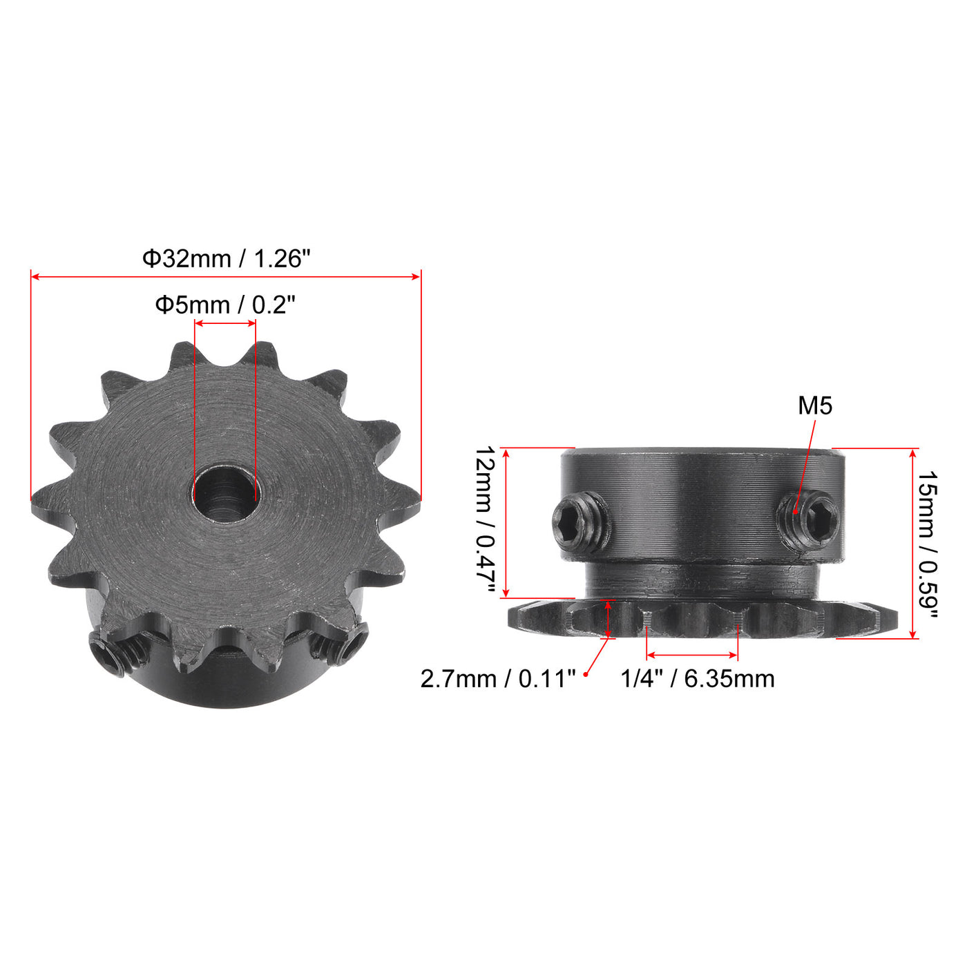 uxcell Uxcell 14 Teeth Sprocket 1/4" Pitch, 5mm Bore Carbon Steel with Set Screws