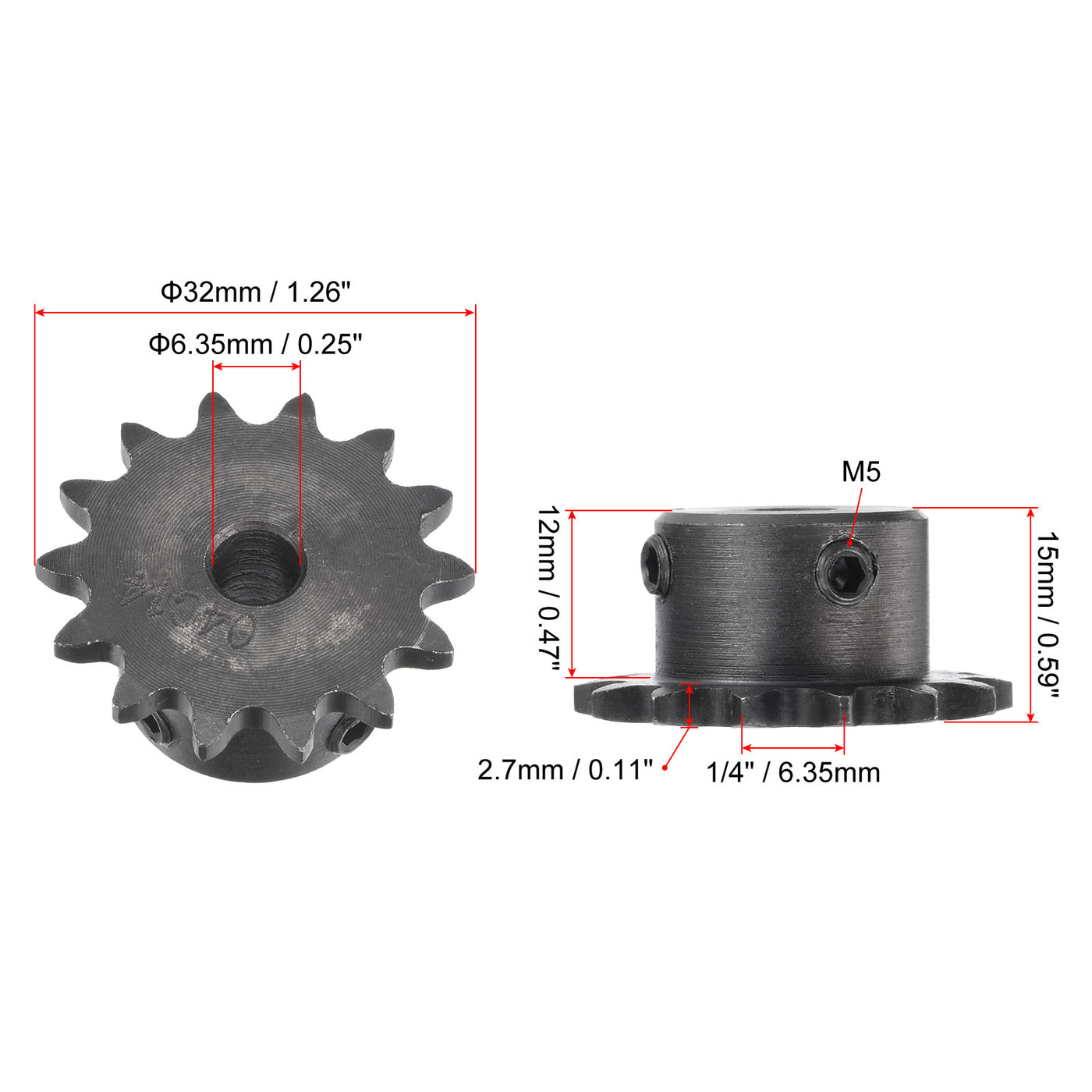 uxcell Uxcell 14 Teeth Sprocket 1/4" Pitch, 6.35mm Bore Carbon Steel with Set Screws