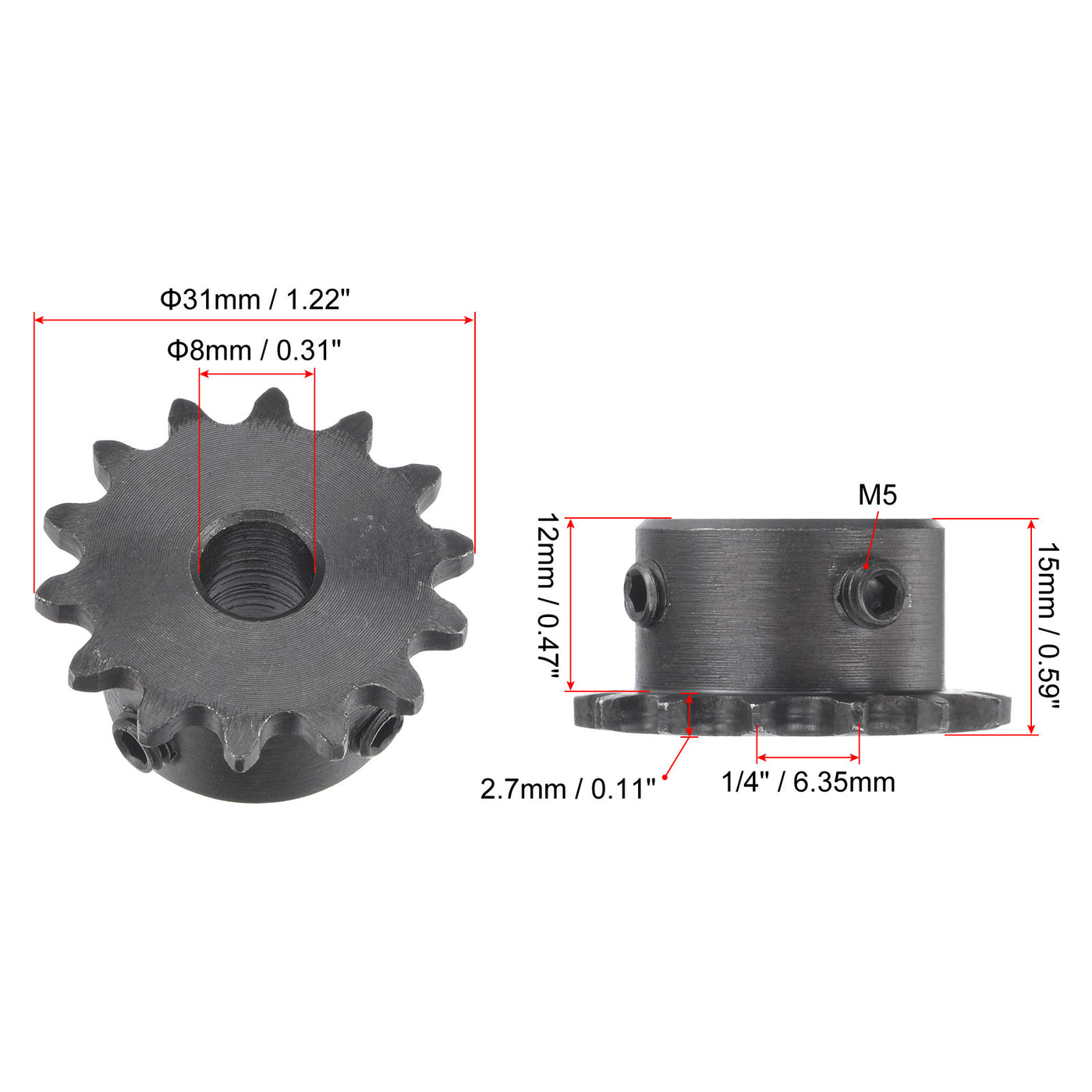 uxcell Uxcell 14 Teeth Sprocket 1/4" Pitch, 8mm Bore Carbon Steel with Set Screws