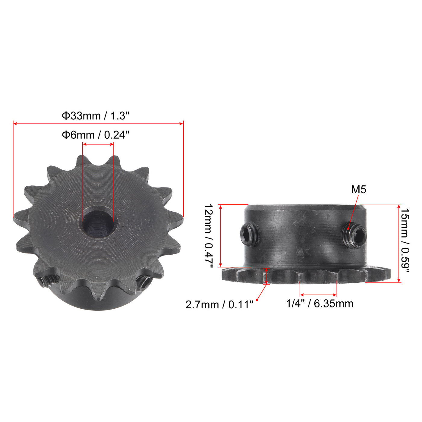 uxcell Uxcell 15 Teeth Sprocket 1/4" Pitch, 6mm Bore Carbon Steel with Set Screws