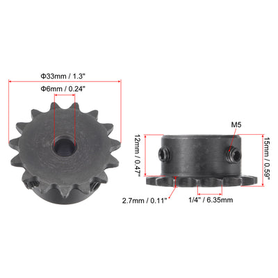 Harfington Uxcell 15 Teeth Sprocket 1/4" Pitch, 6mm Bore Carbon Steel with Set Screws