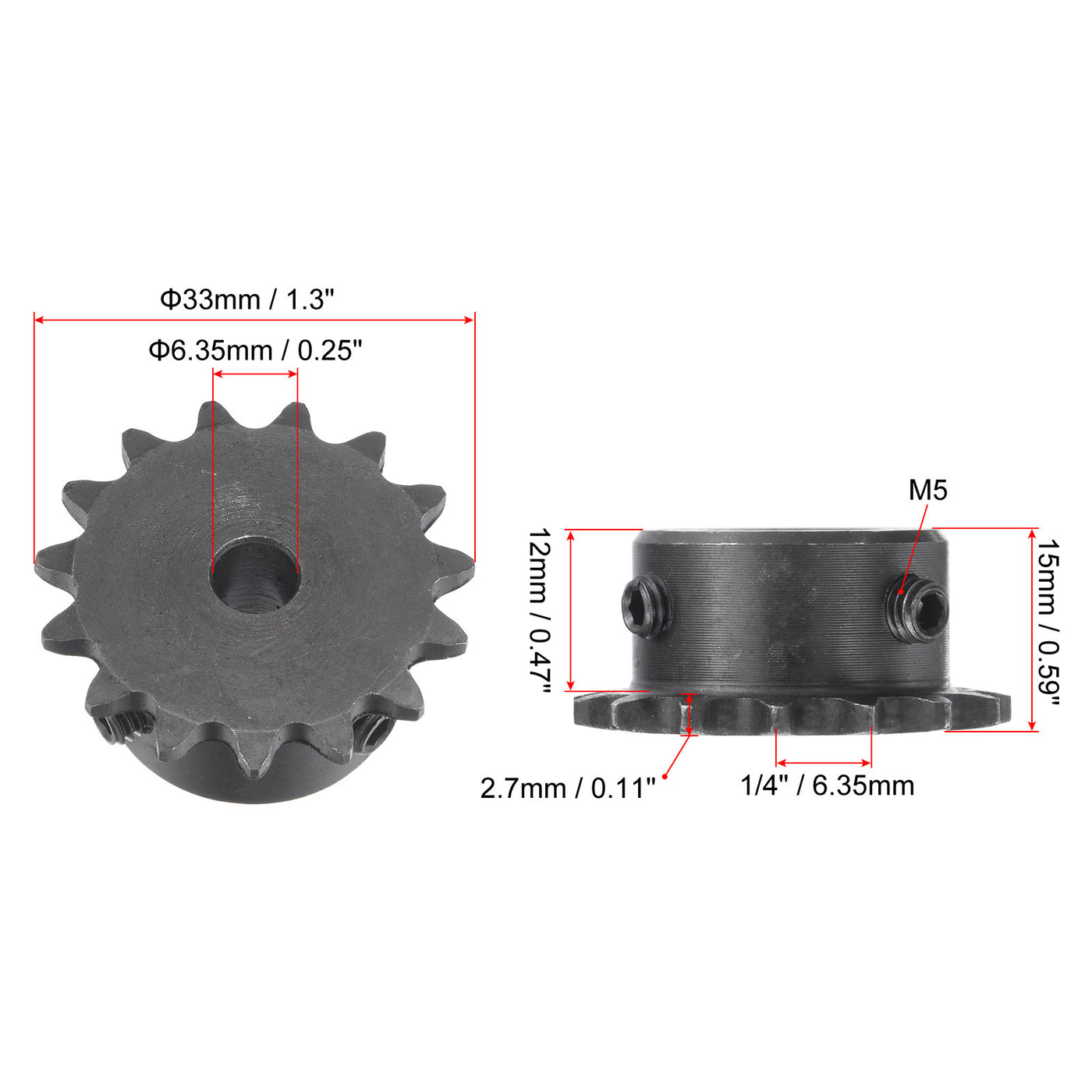 uxcell Uxcell 15 Teeth Sprocket 1/4" Pitch, 6.35mm Bore Carbon Steel with Set Screws