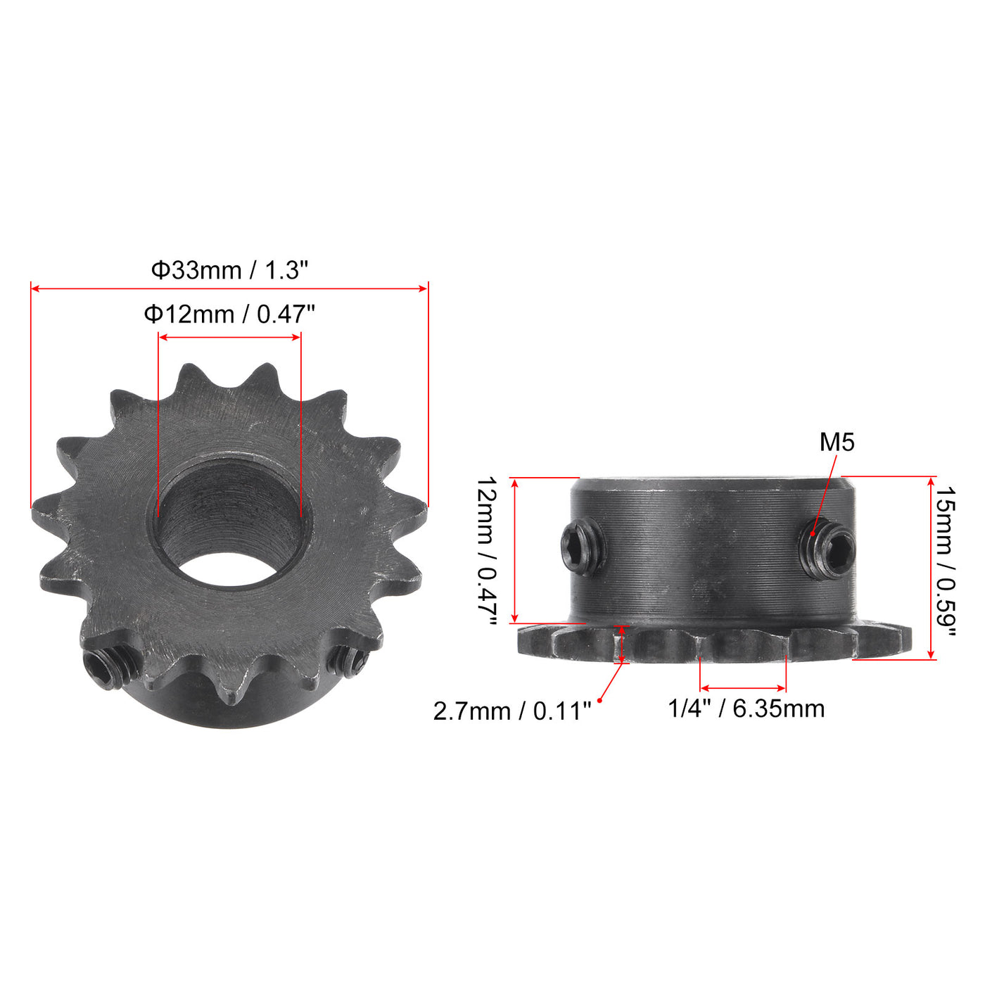 uxcell Uxcell 15 Teeth Sprocket 1/4" Pitch, 12mm Bore Carbon Steel with Set Screws