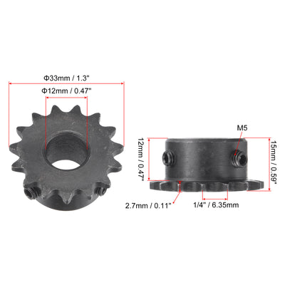 Harfington Uxcell 15 Teeth Sprocket 1/4" Pitch, 12mm Bore Carbon Steel with Set Screws