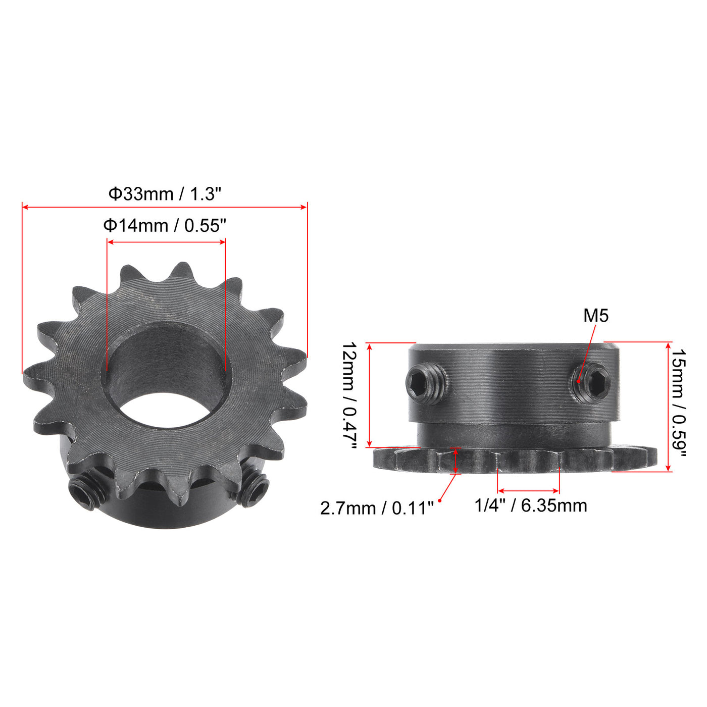 uxcell Uxcell 15 Teeth Sprocket 1/4" Pitch, 14mm Bore Carbon Steel with Set Screws