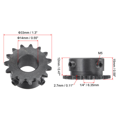 Harfington Uxcell 15 Teeth Sprocket 1/4" Pitch, 14mm Bore Carbon Steel with Set Screws