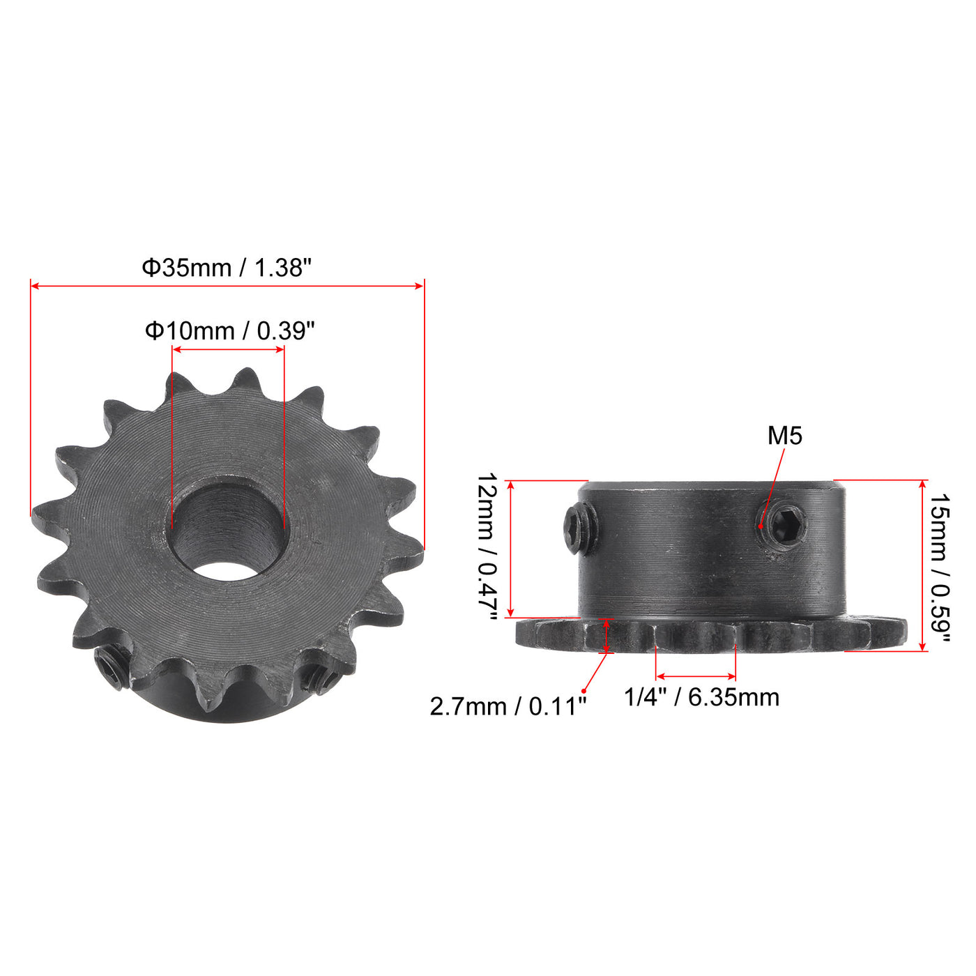 uxcell Uxcell 16 Teeth Sprocket 1/4" Pitch, 10mm Bore Carbon Steel with Set Screws