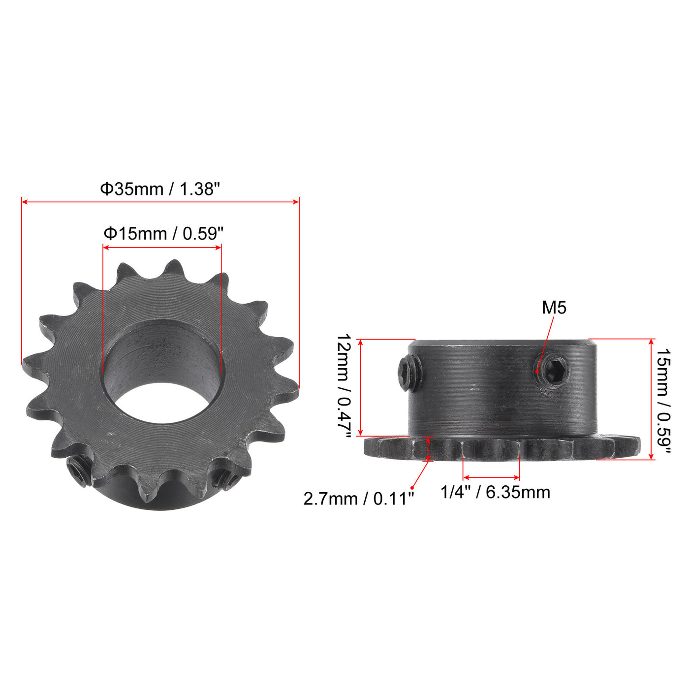 uxcell Uxcell 16 Teeth Sprocket 1/4" Pitch, 15mm Bore Carbon Steel with Set Screws