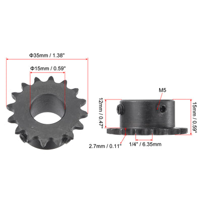 Harfington Uxcell 16 Teeth Sprocket 1/4" Pitch, 15mm Bore Carbon Steel with Set Screws