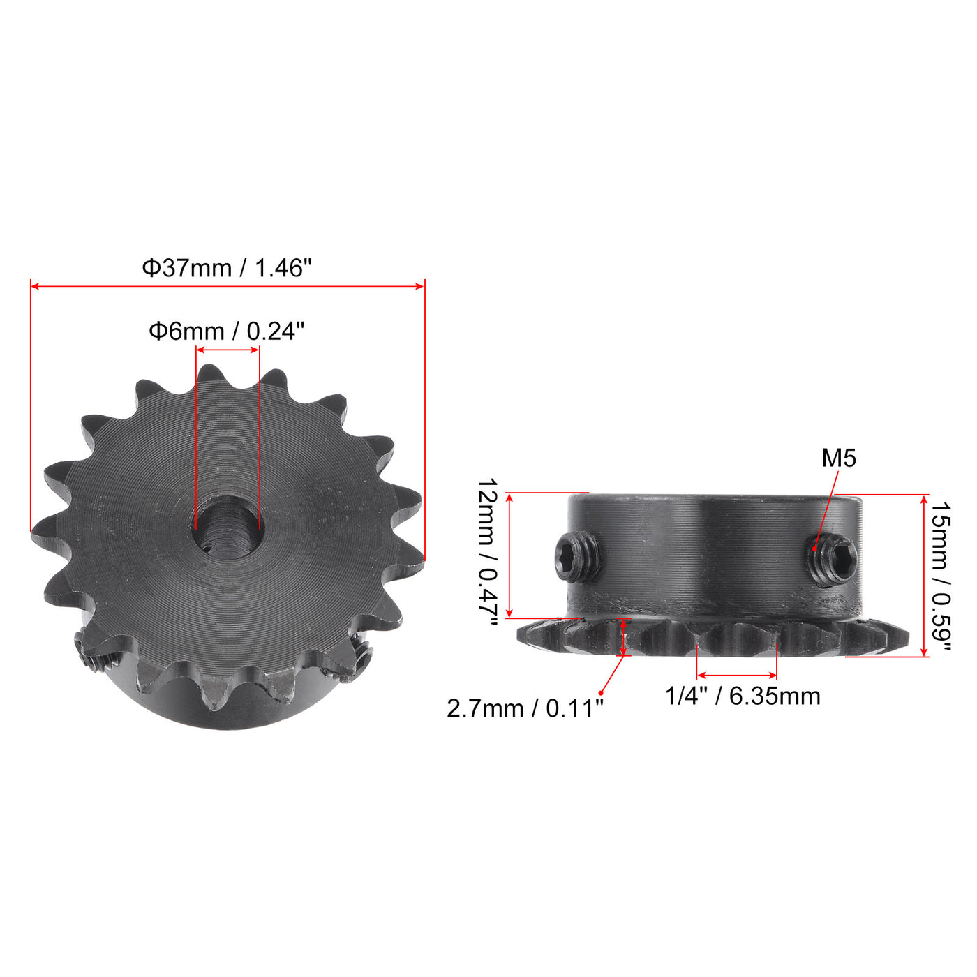 uxcell Uxcell 17 Teeth Sprocket 1/4" Pitch, 6mm Bore Carbon Steel with Set Screws