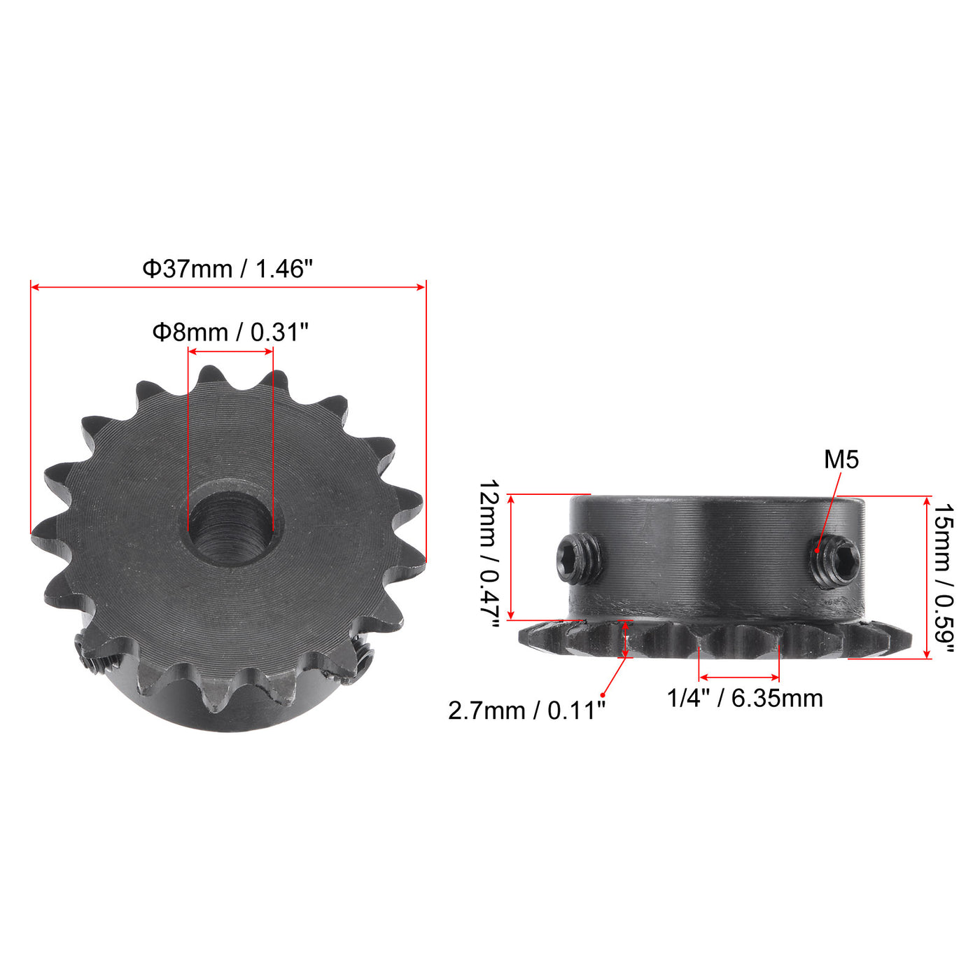 uxcell Uxcell 17 Teeth Sprocket 1/4" Pitch, 8mm Bore Carbon Steel with Set Screws