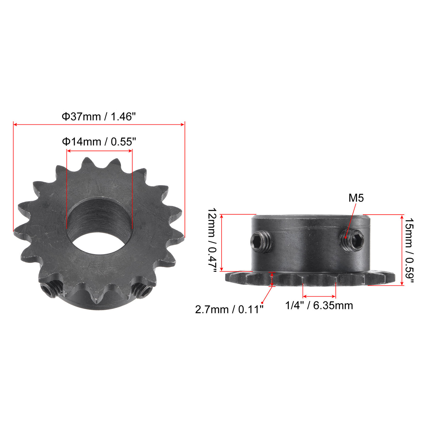 uxcell Uxcell 17 Teeth Sprocket 1/4" Pitch, 14mm Bore Carbon Steel with Set Screws