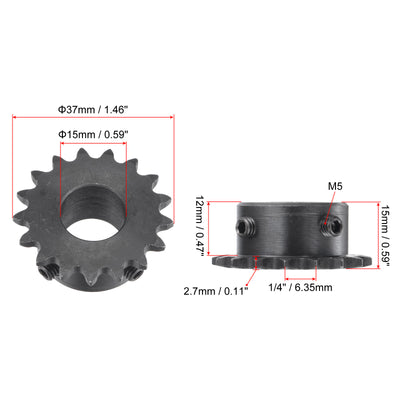 Harfington Uxcell 17 Teeth Sprocket 1/4" Pitch, 15mm Bore Carbon Steel with Set Screws