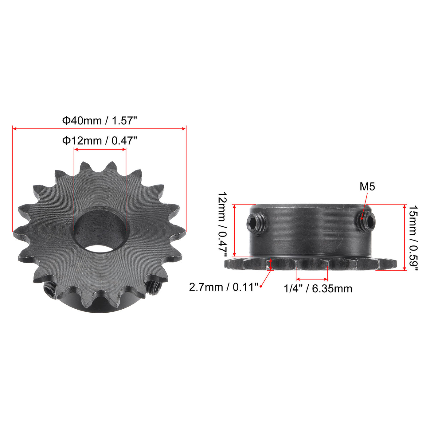 uxcell Uxcell 18 Teeth Sprocket 1/4" Pitch, 12mm Bore Carbon Steel with Set Screws