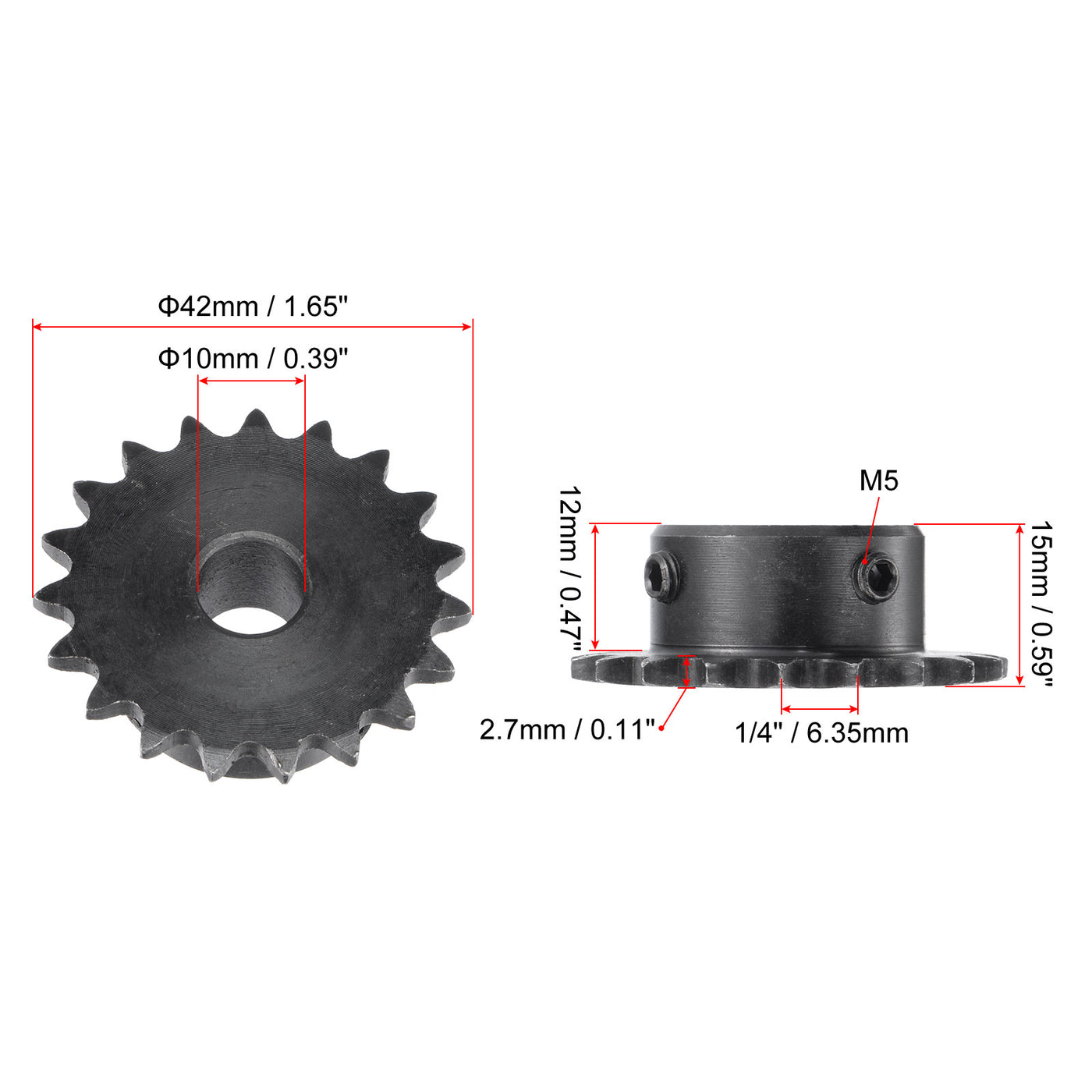 uxcell Uxcell 19 Teeth Sprocket 1/4" Pitch, 10mm Bore Carbon Steel with Set Screws