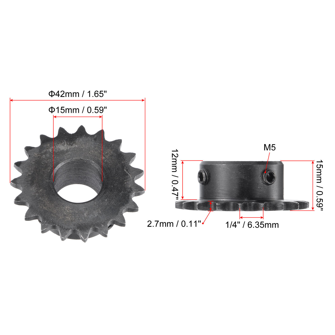 uxcell Uxcell 19 Teeth Sprocket 1/4" Pitch, 15mm Bore Carbon Steel with Set Screws