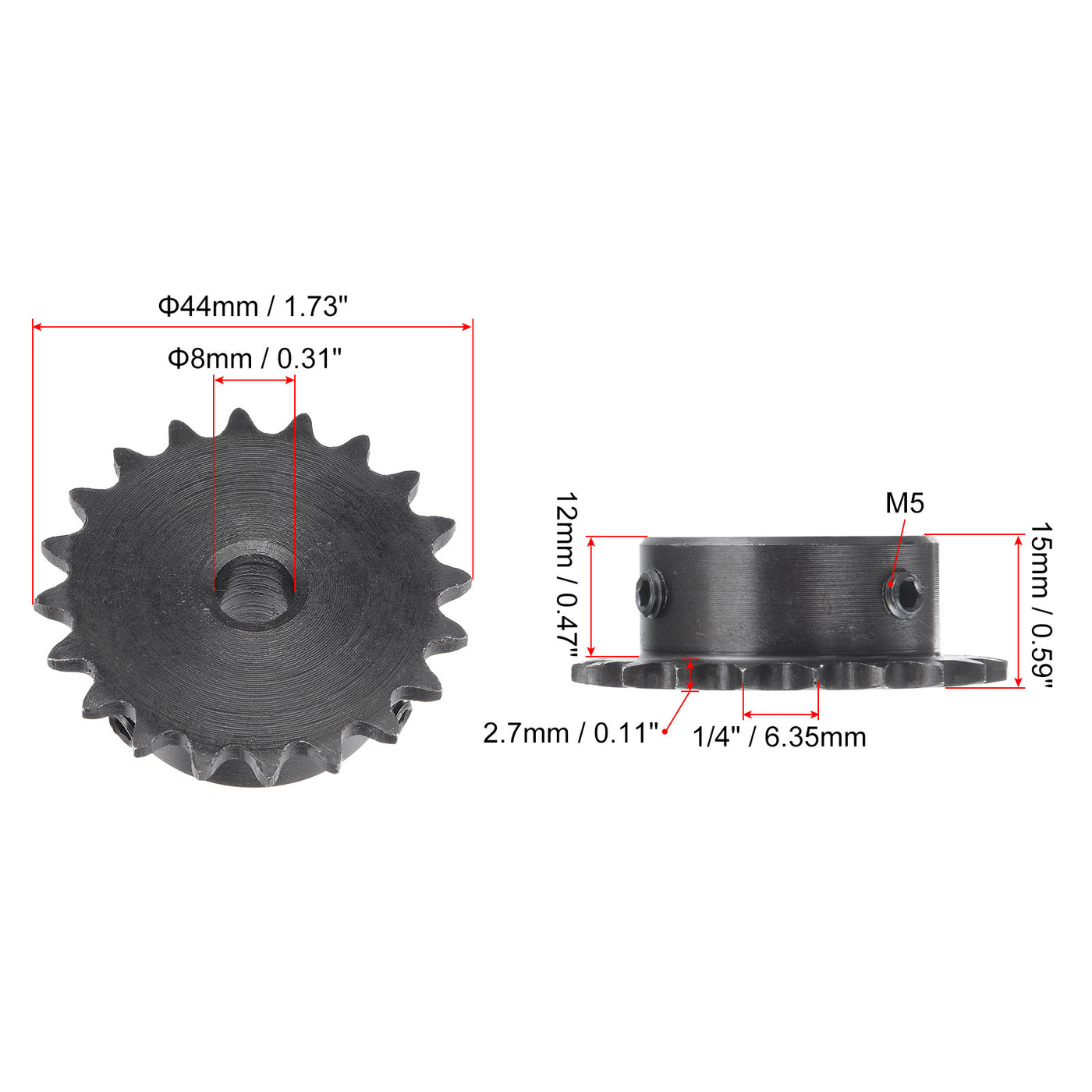 uxcell Uxcell 20 Teeth Sprocket 1/4" Pitch, 8mm Bore Carbon Steel with Set Screws