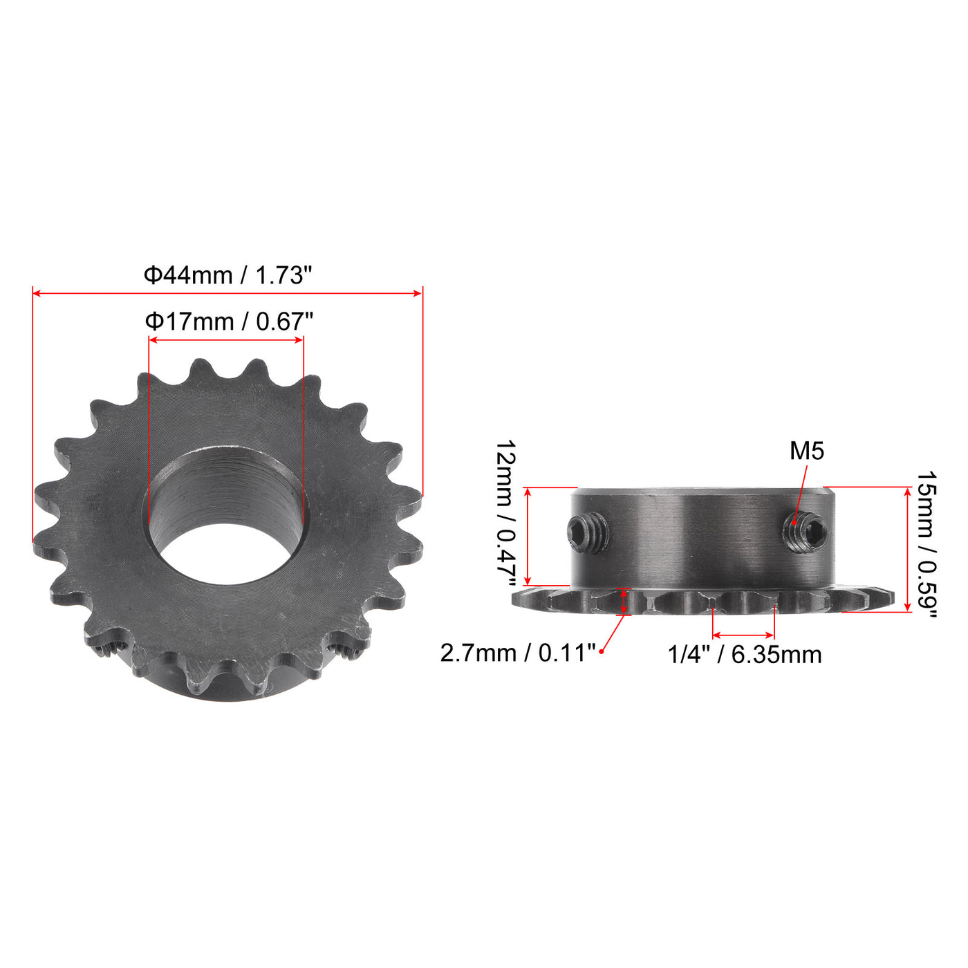 uxcell Uxcell 20 Teeth Sprocket 1/4" Pitch, 17mm Bore Carbon Steel with Set Screws