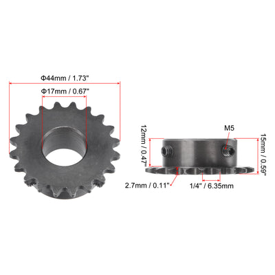 Harfington Uxcell 20 Teeth Sprocket 1/4" Pitch, 17mm Bore Carbon Steel with Set Screws