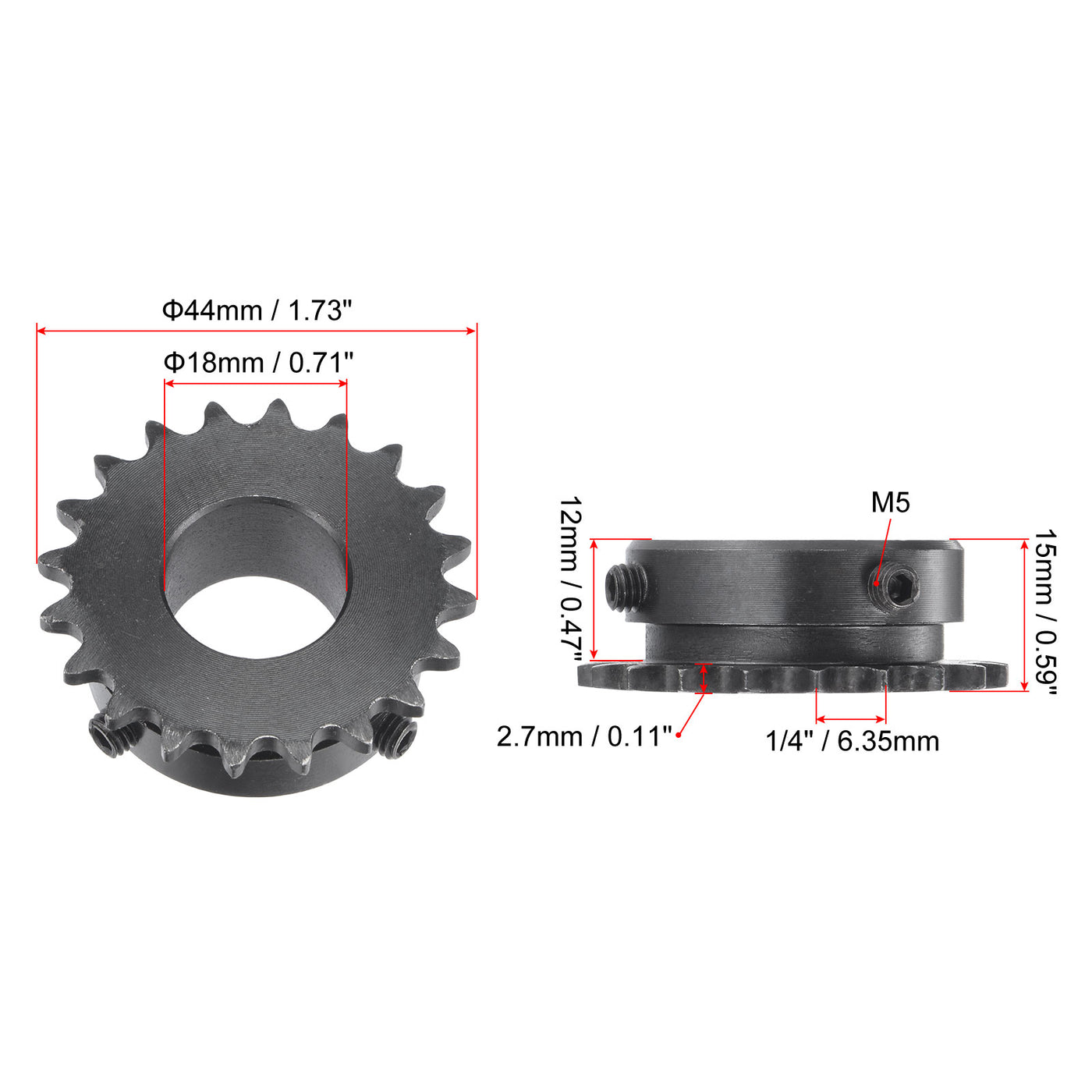 uxcell Uxcell 20 Teeth Sprocket 1/4" Pitch, 18mm Bore Carbon Steel with Set Screws