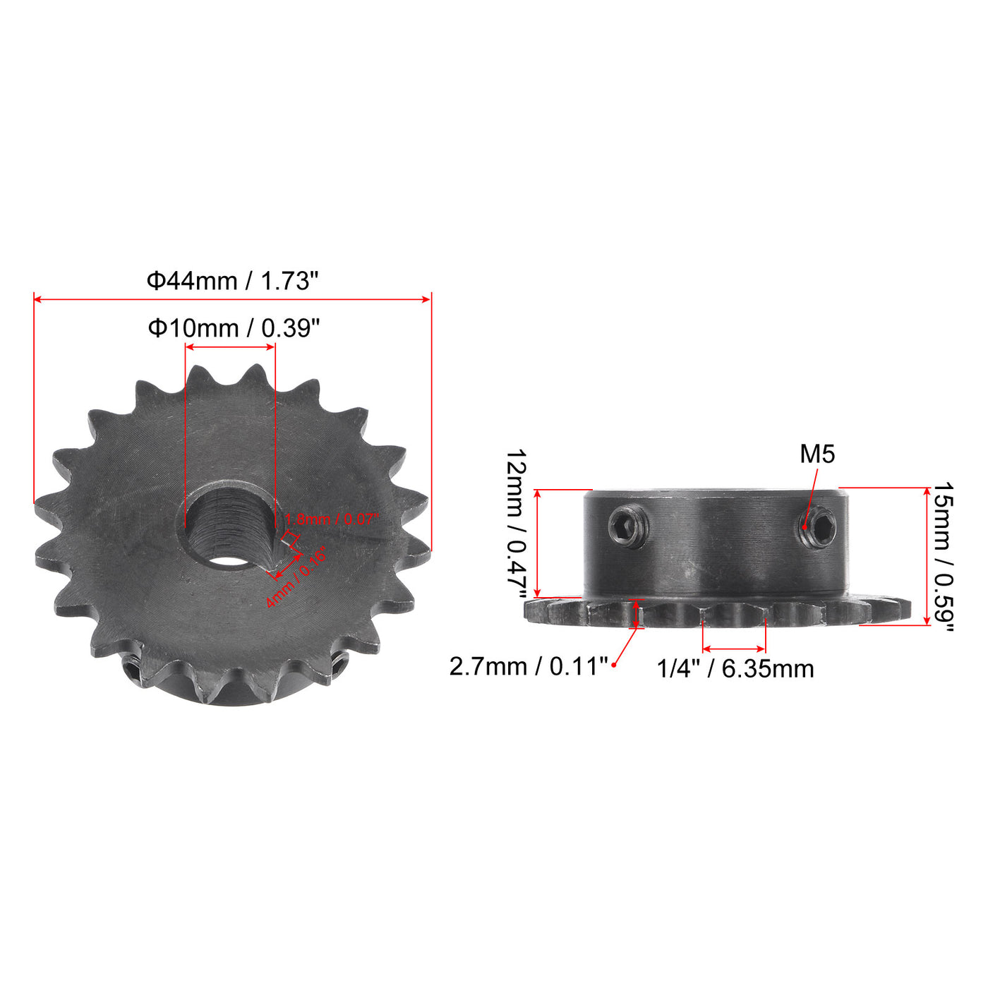 uxcell Uxcell 20 Teeth Sprocket 1/4" Pitch 10mm Bore Carbon Steel 4x1.8mm Keyway W Set Screws