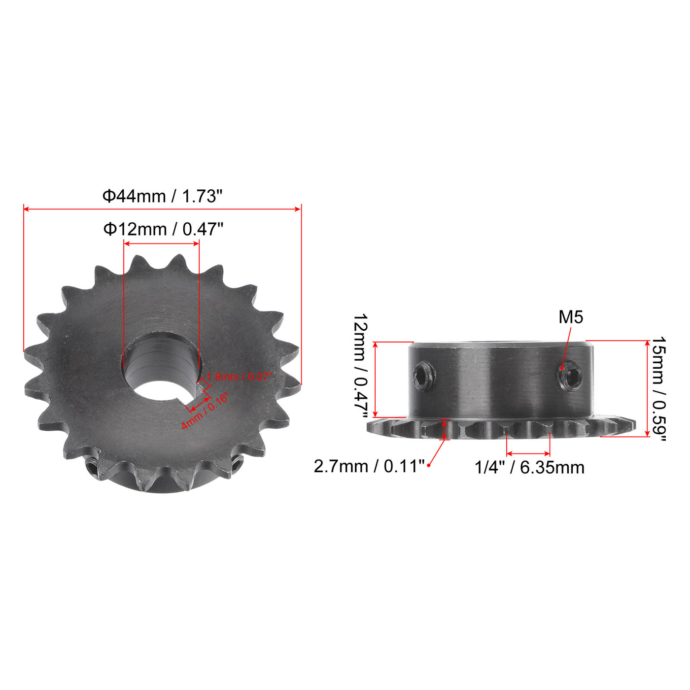 uxcell Uxcell 20 Teeth Sprocket 1/4" Pitch 12mm Bore Carbon Steel 4x1.8mm Keyway W Set Screws