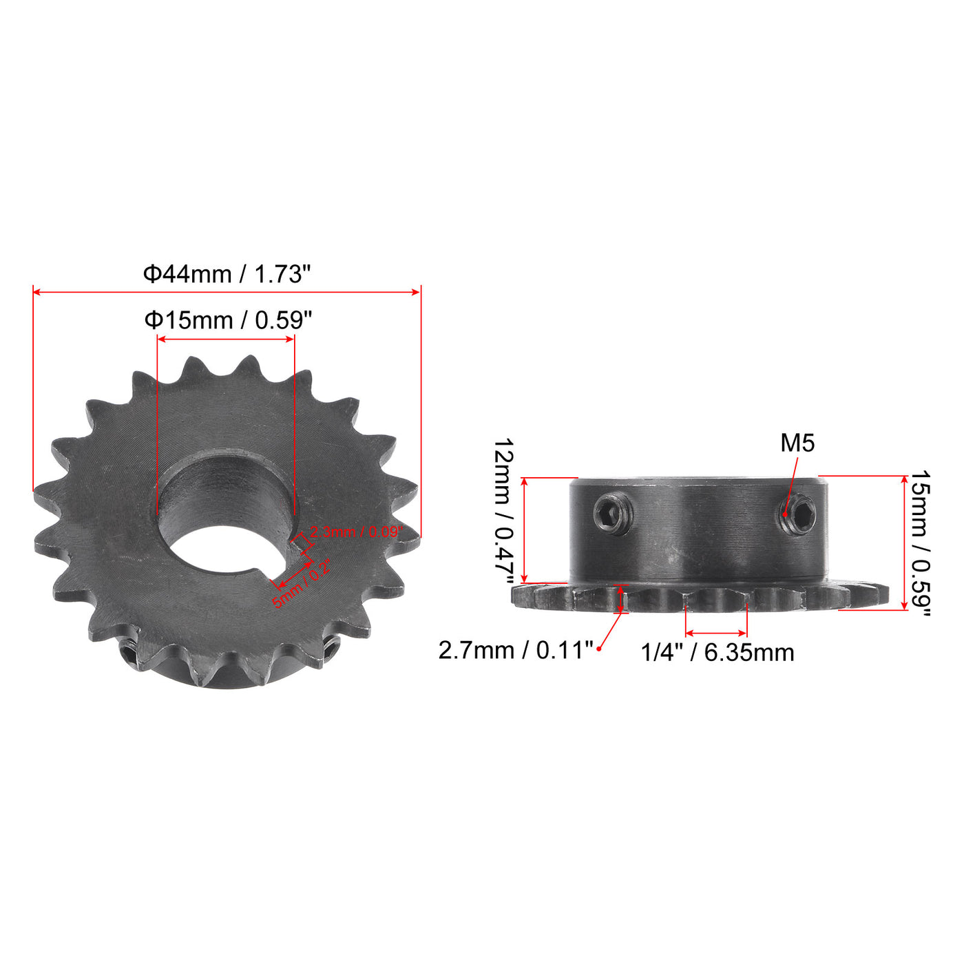 uxcell Uxcell 20 Teeth Sprocket 1/4" Pitch, 15mm Bore Carbon Steel, Keyway with Set Screws