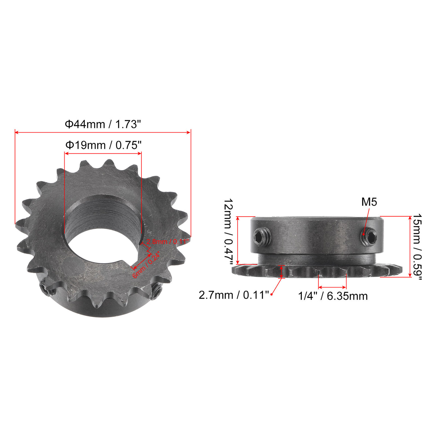 uxcell Uxcell 20 Teeth Sprocket 1/4" Pitch, 19mm Bore Carbon Steel, Keyway with Set Screws