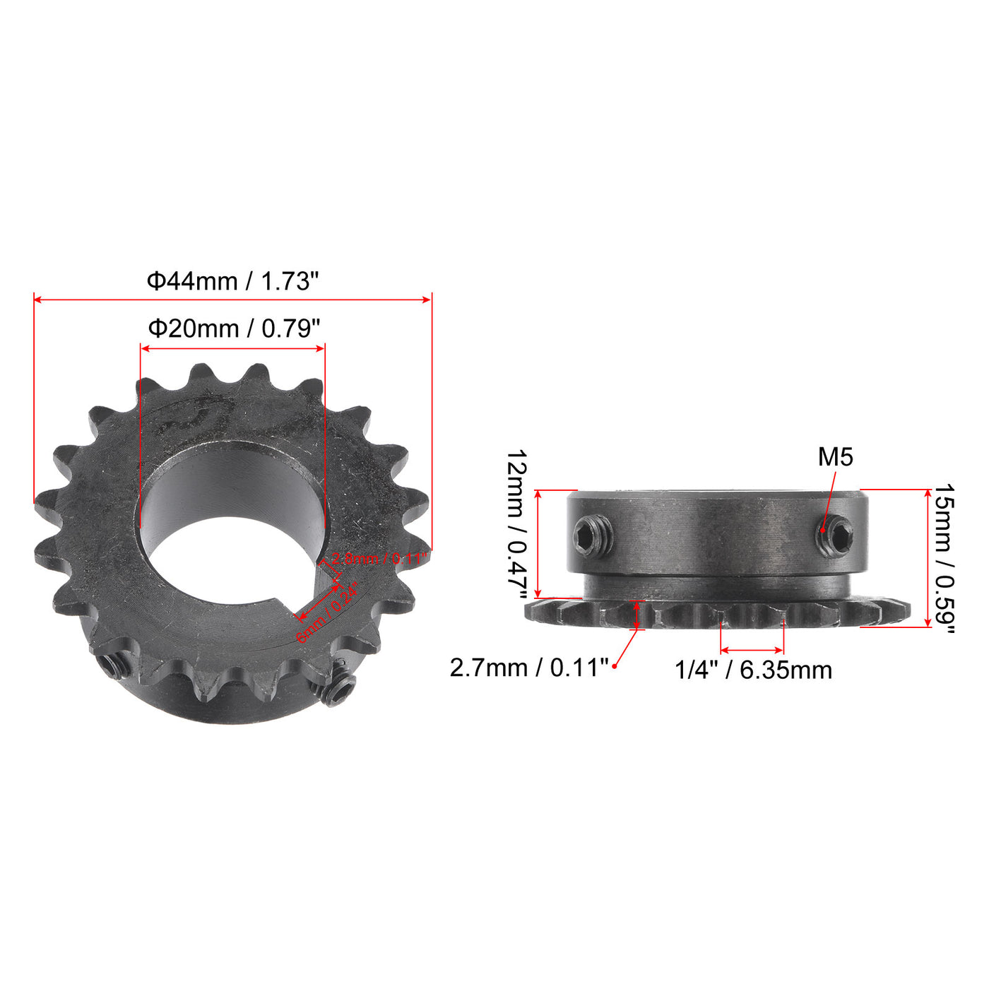 uxcell Uxcell 20 Teeth Sprocket 1/4" Pitch, 20mm Bore Carbon Steel, Keyway with Set Screws