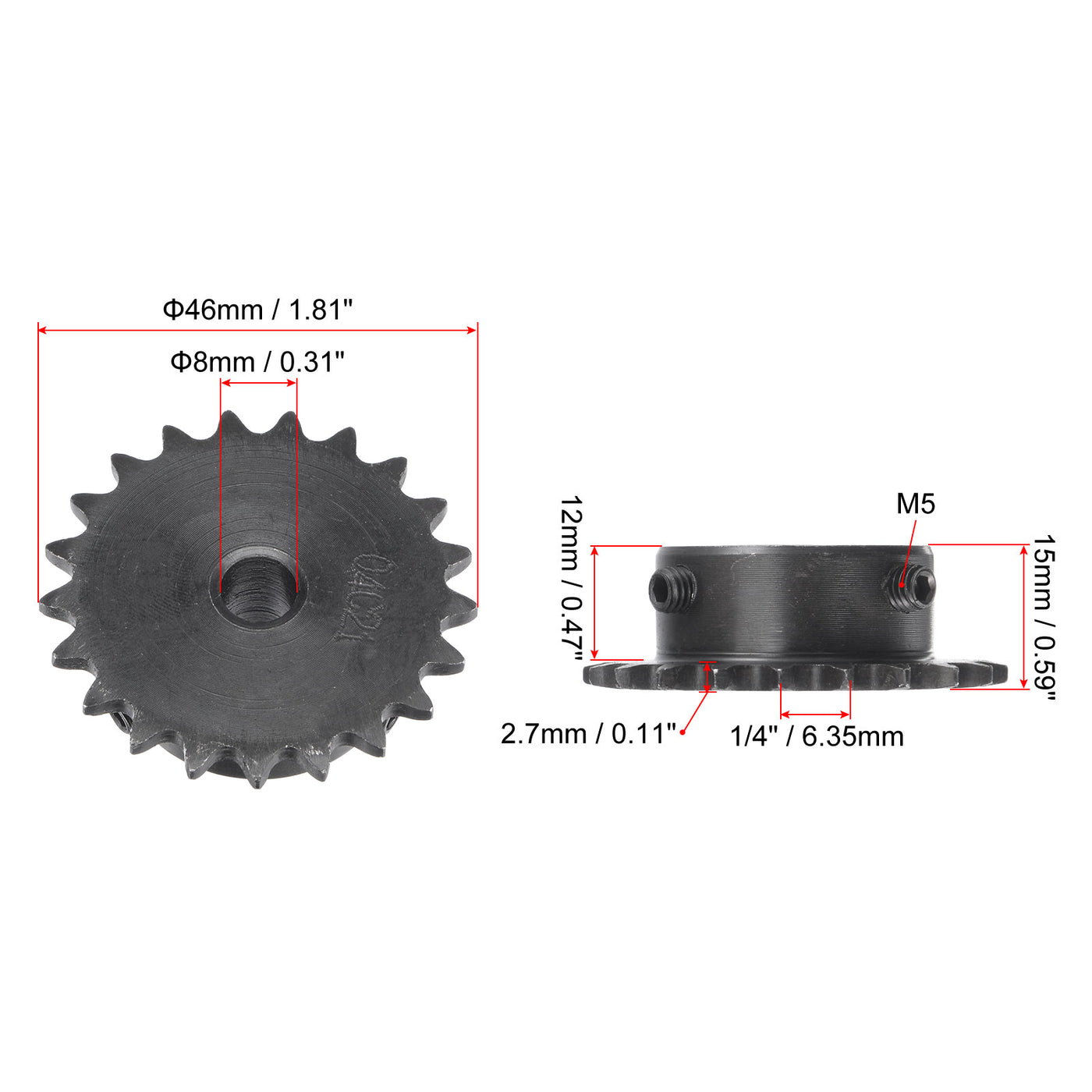 uxcell Uxcell 21 Teeth Sprocket 1/4" Pitch, 8mm Bore Carbon Steel with Set Screws