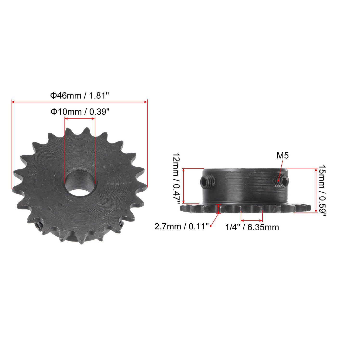 uxcell Uxcell 21 Teeth Sprocket 1/4" Pitch, 10mm Bore Carbon Steel with Set Screws