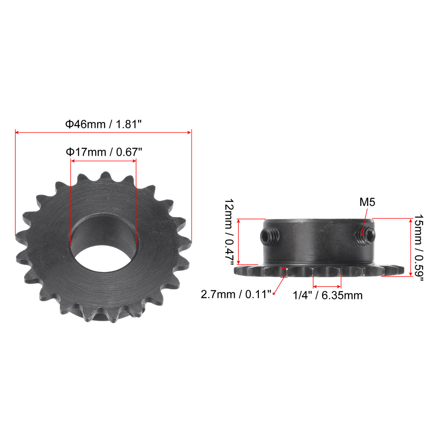 uxcell Uxcell 21 Teeth Sprocket 1/4" Pitch, 17mm Bore Carbon Steel with Set Screws