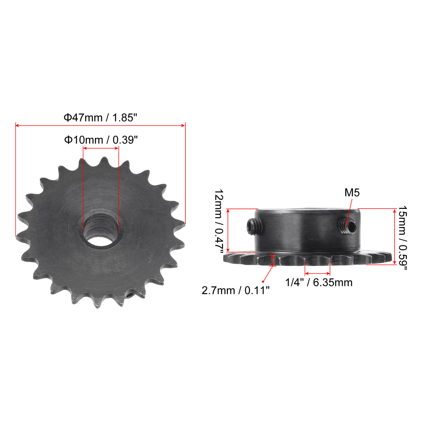 uxcell Uxcell 22Teeth Sprocket 1/4" Pitch, 10mm Bore Carbon Steel with Set Screws