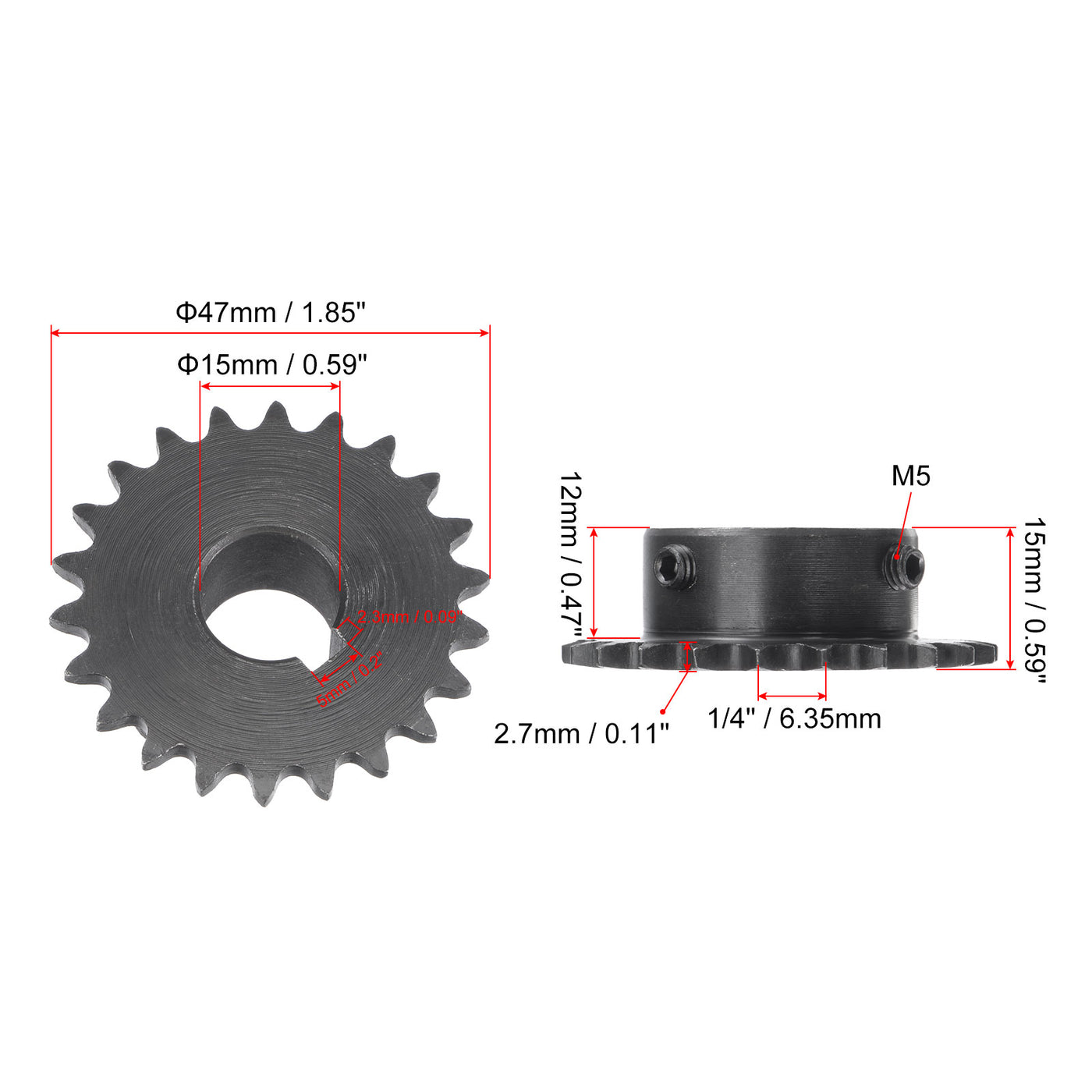 uxcell Uxcell 22Teeth Sprocket 1/4" Pitch, 15mm Bore Carbon Steel, Keyway with Set Screws