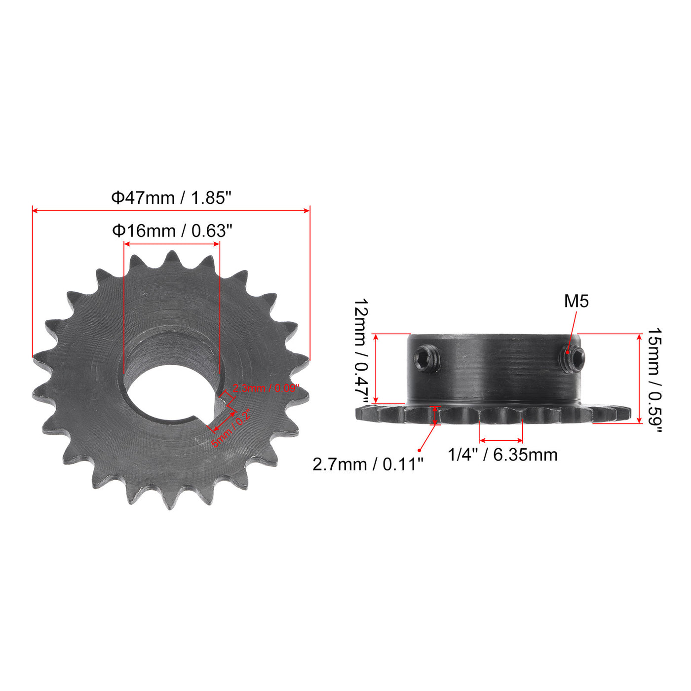 uxcell Uxcell 22Teeth Sprocket 1/4" Pitch, 16mm Bore Carbon Steel, Keyway with Set Screws