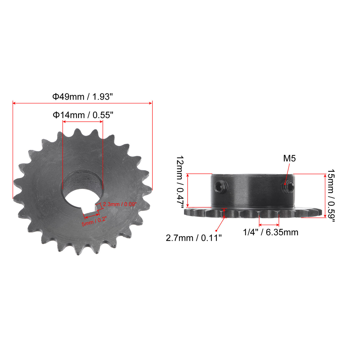 uxcell Uxcell 23 Teeth Sprocket 1/4" Pitch, 14mm Bore Carbon Steel, Keyway with Set Screws