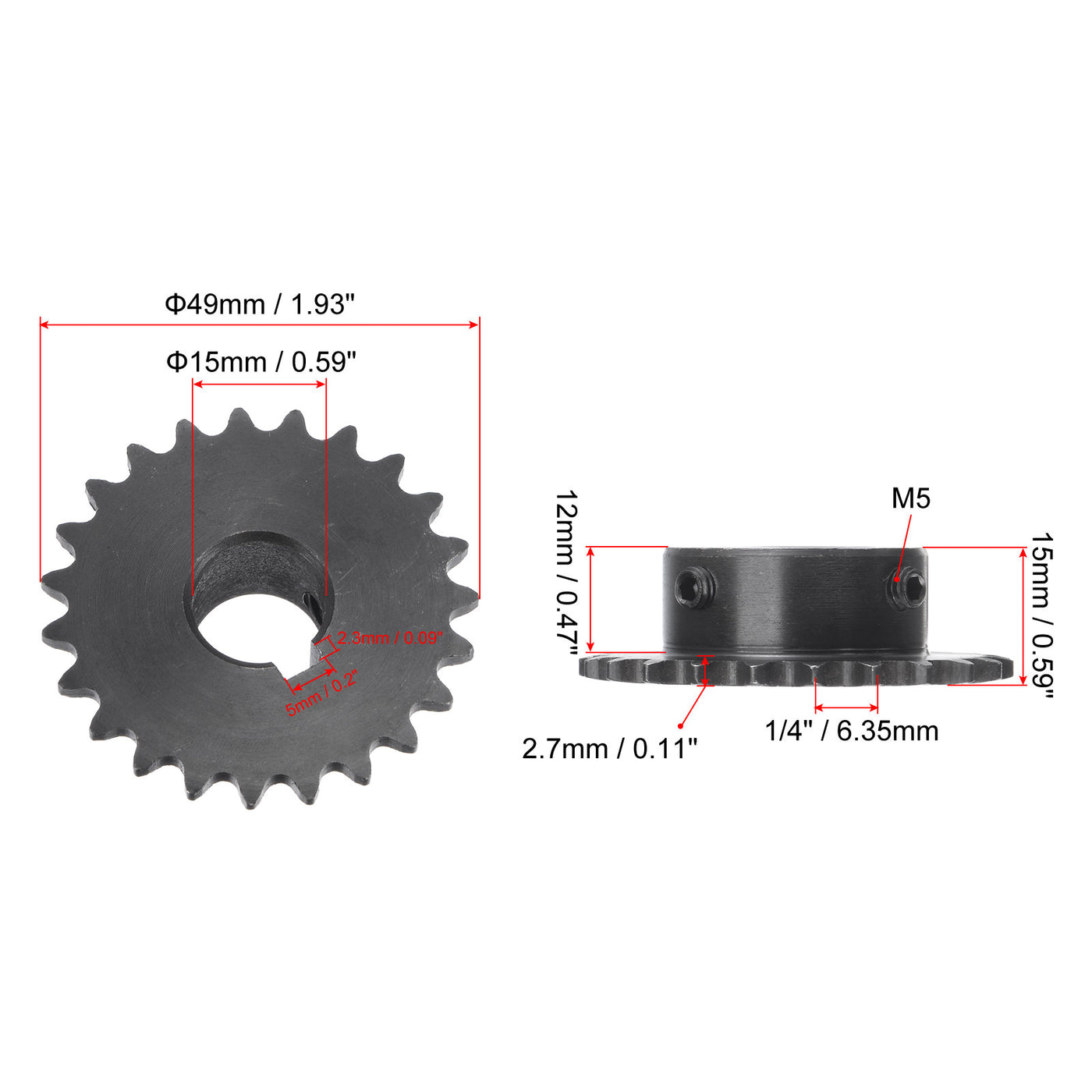 uxcell Uxcell 23 Teeth Sprocket 1/4" Pitch, 15mm Bore Carbon Steel, Keyway with Set Screws