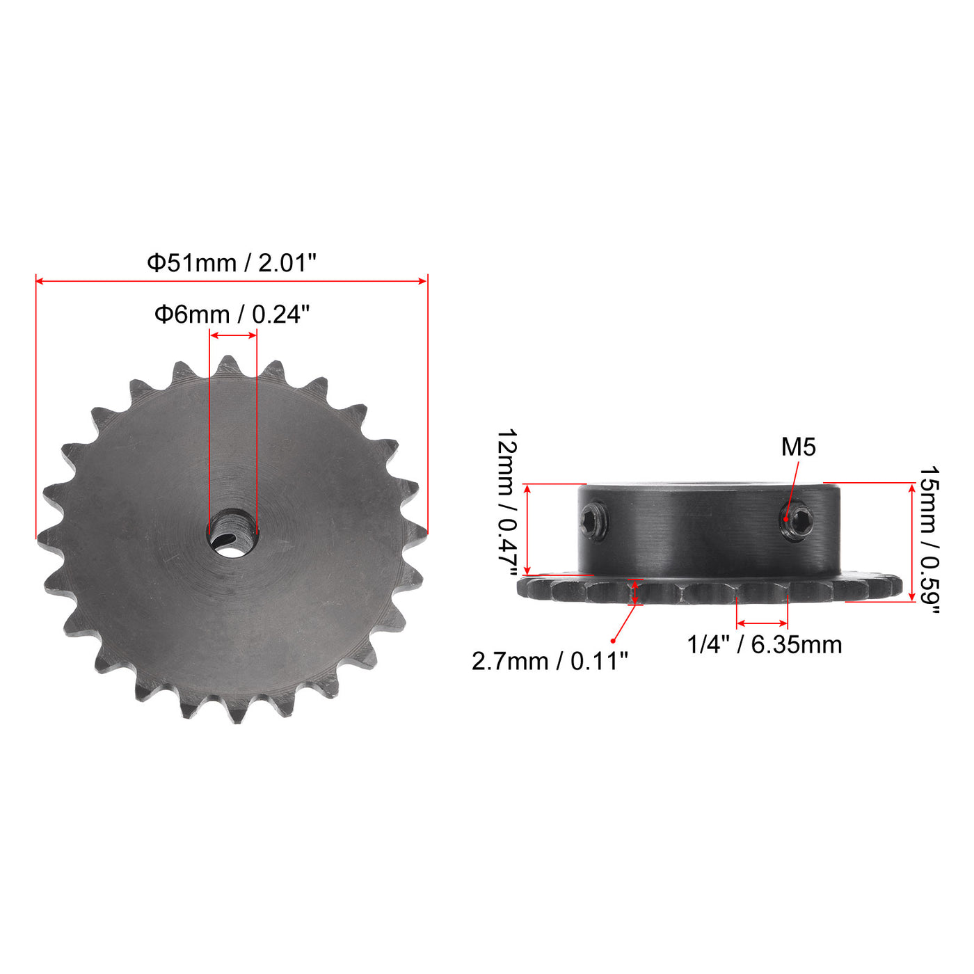 uxcell Uxcell 24 Teeth Sprocket 1/4" Pitch, 6mm Bore Carbon Steel with Set Screws