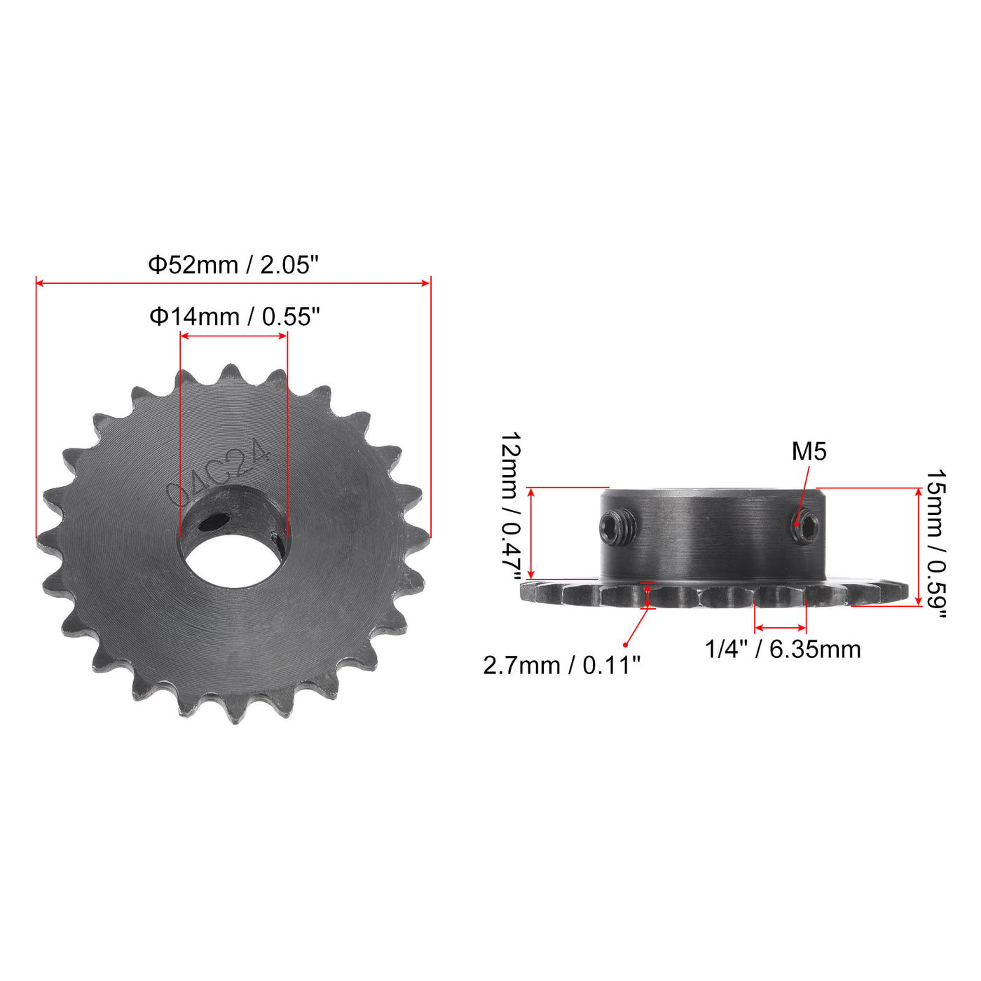 uxcell Uxcell 24 Teeth Sprocket 1/4" Pitch, 14mm Bore Carbon Steel with Set Screws