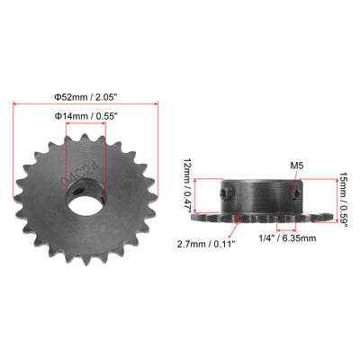 Harfington Uxcell 24 Teeth Sprocket 1/4" Pitch, 14mm Bore Carbon Steel with Set Screws